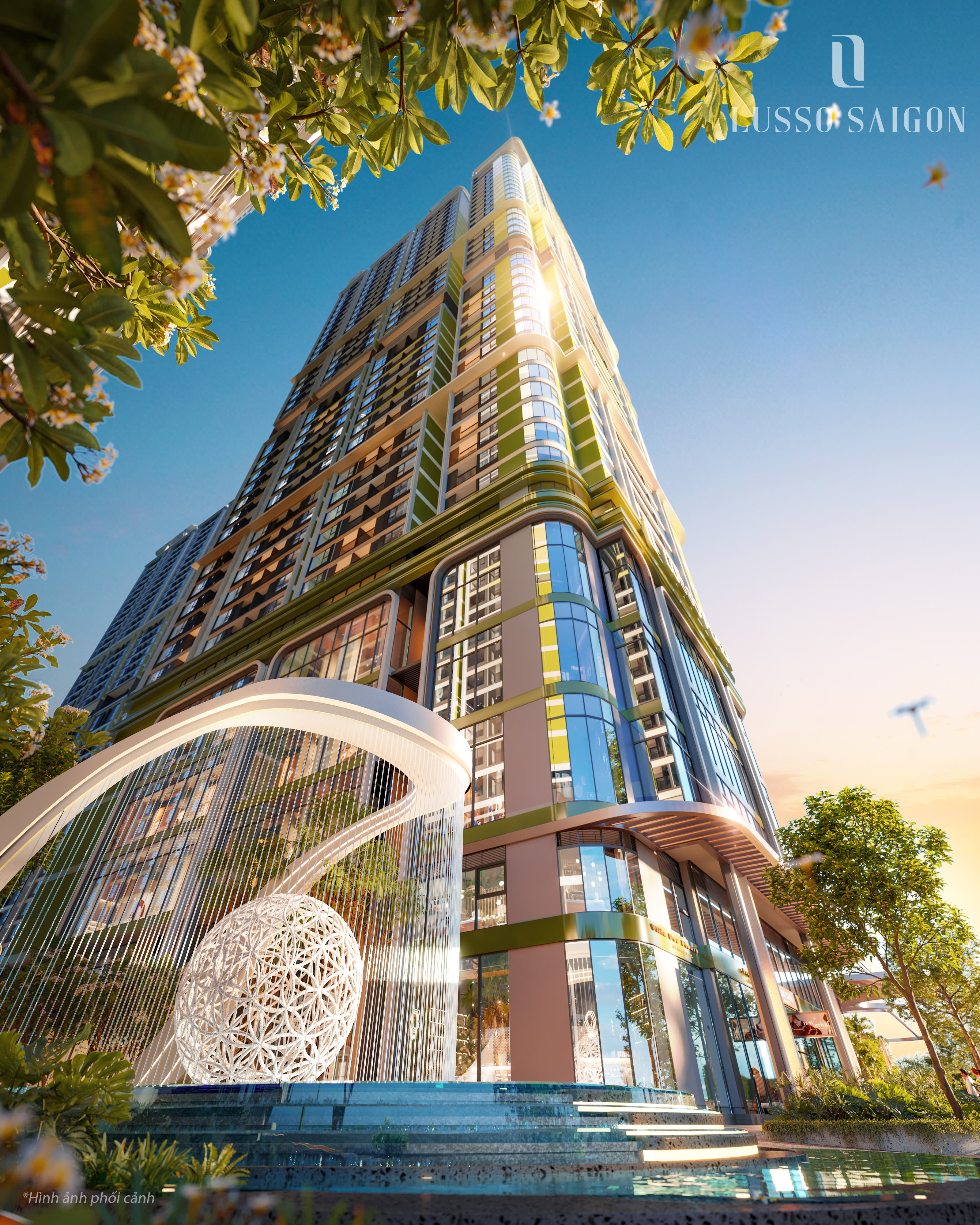 Cinematic architectural rendering of a luxury skyscraper reaching into a dramatic golden hour sky